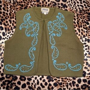 Vintage 1960s Joyce Green & Blue Paisley Embroidered Wool Sweater Vest